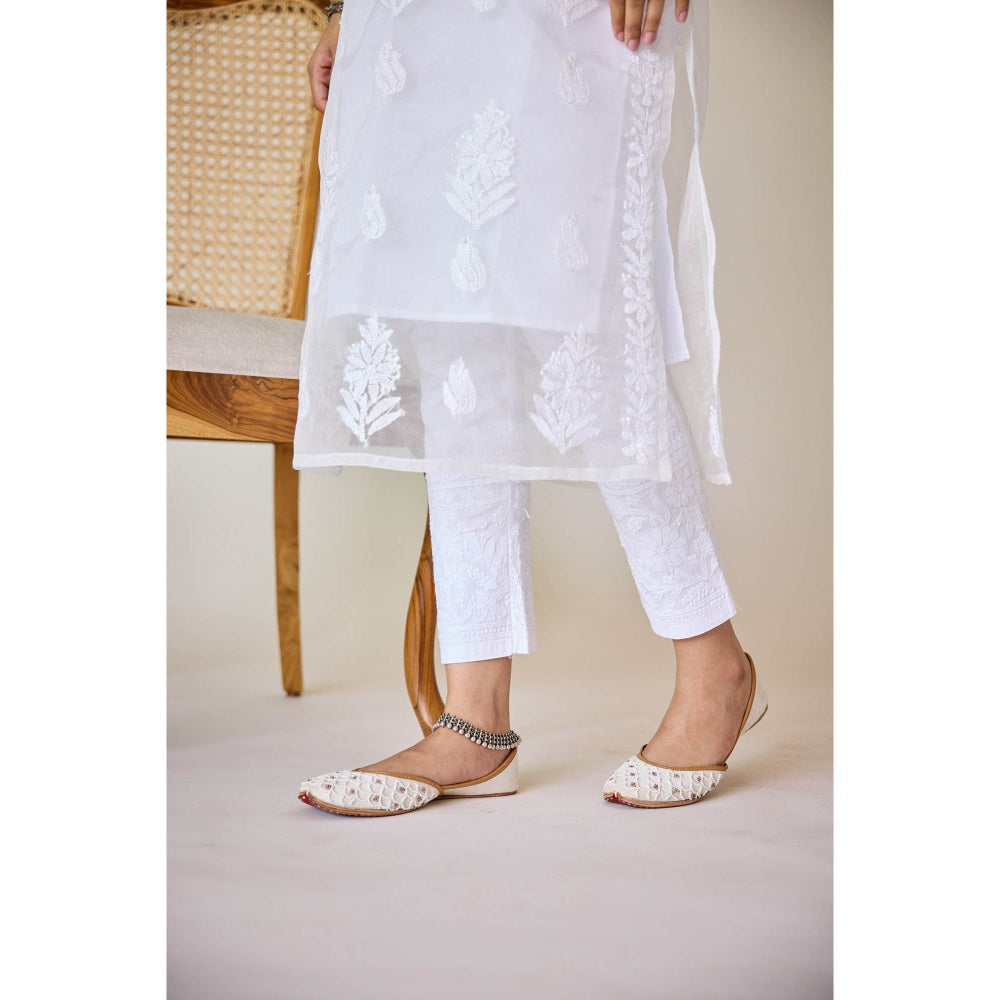 Old Marigold Raffia White Cotton Lycra Hand Embroidered Chikankari Straight Pant