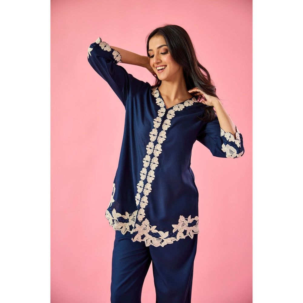 Old Marigold Whisper Navy Blue Cotton Embroidered Co-Ord (Set of 2)