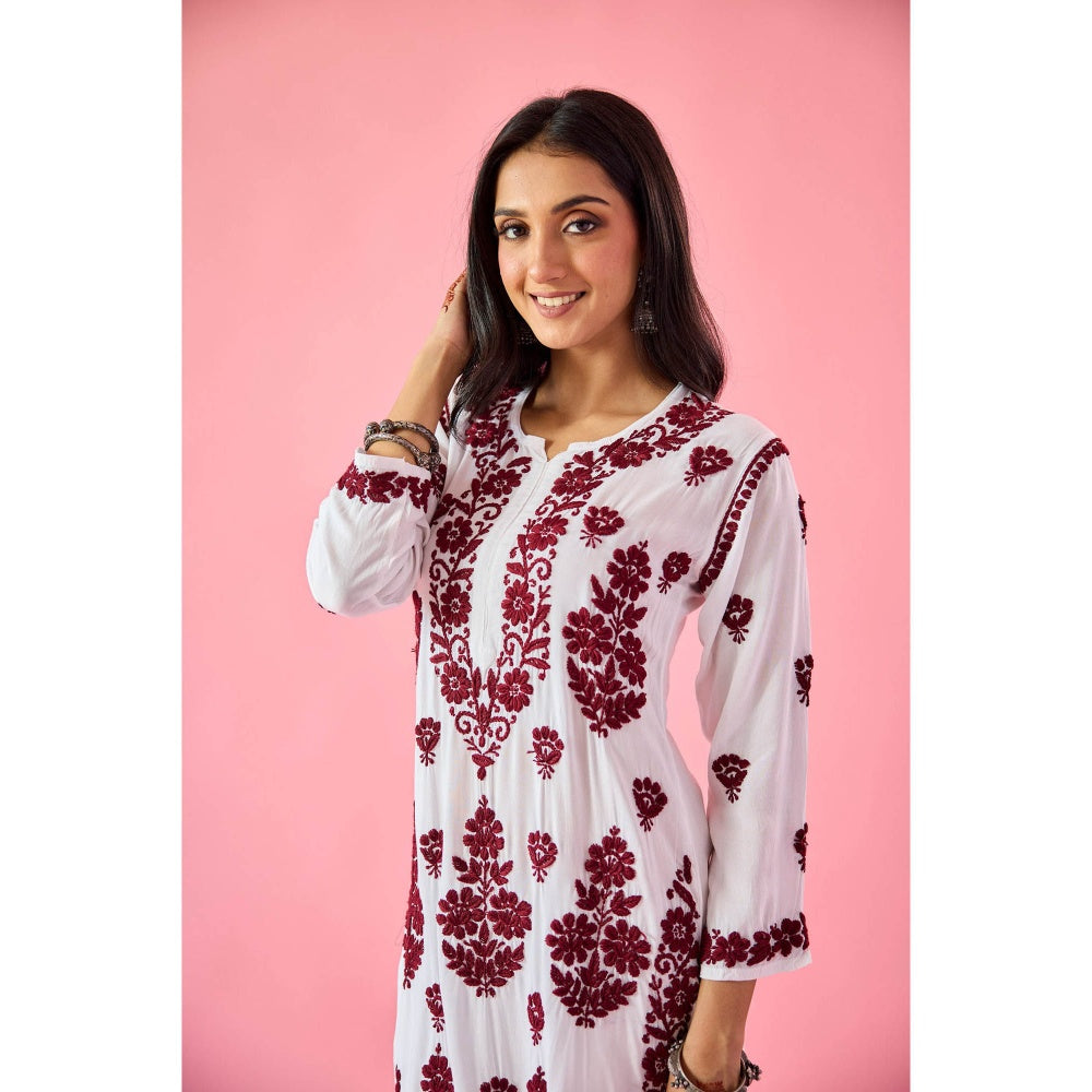 Old Marigold Gyaani Maroon Modal Hand Embroidered Chikankari Kurta with Palazzo (Set of 2)