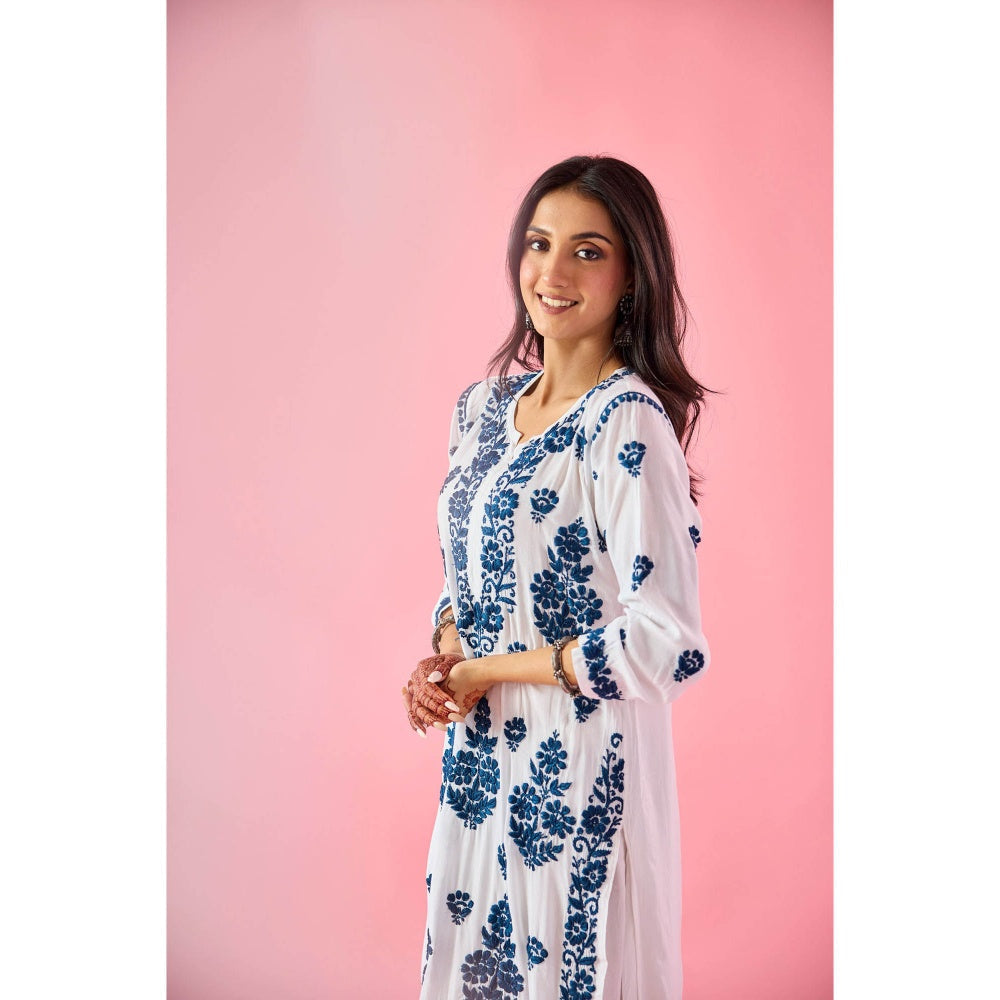 Old Marigold Wazira Blue Modal Hand Embroidered Chikankari Kurta with Palazzo (Set of 2)