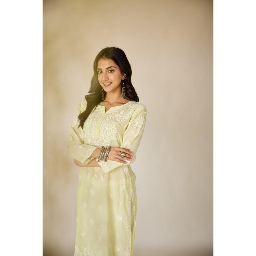 Old Marigold Raha Lime Yellow Muslin Embroidered Chikankari Kurta