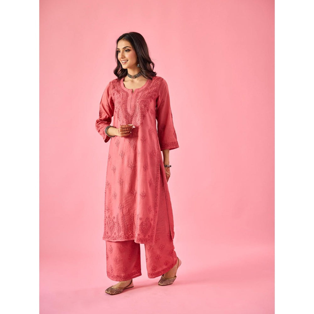 Old Marigold Macaba Pink Chanderi Hand Embroidered Chikankari Kurta And Palazzo (Set of 2)