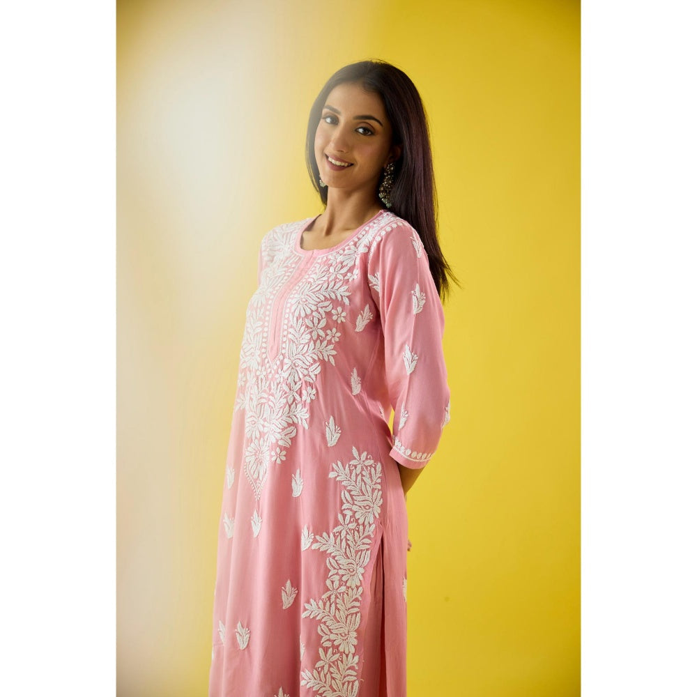 Old Marigold Mehtap Baby Pink Modal Hand Embroidered Chikankari Kurta And Pant (Set of 2)