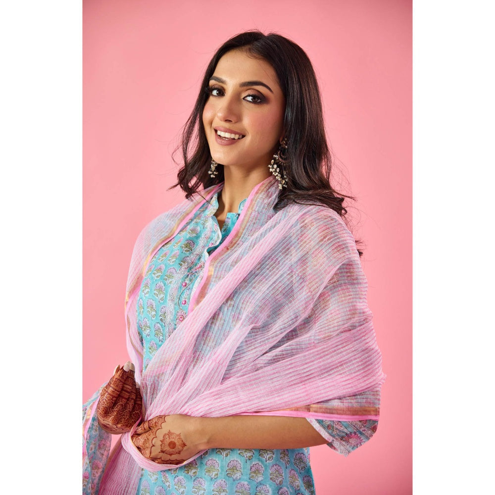 Old Marigold Qudsia Blue Kota Hand Embellished Kurta Pant & Dupatta (Set of 3)
