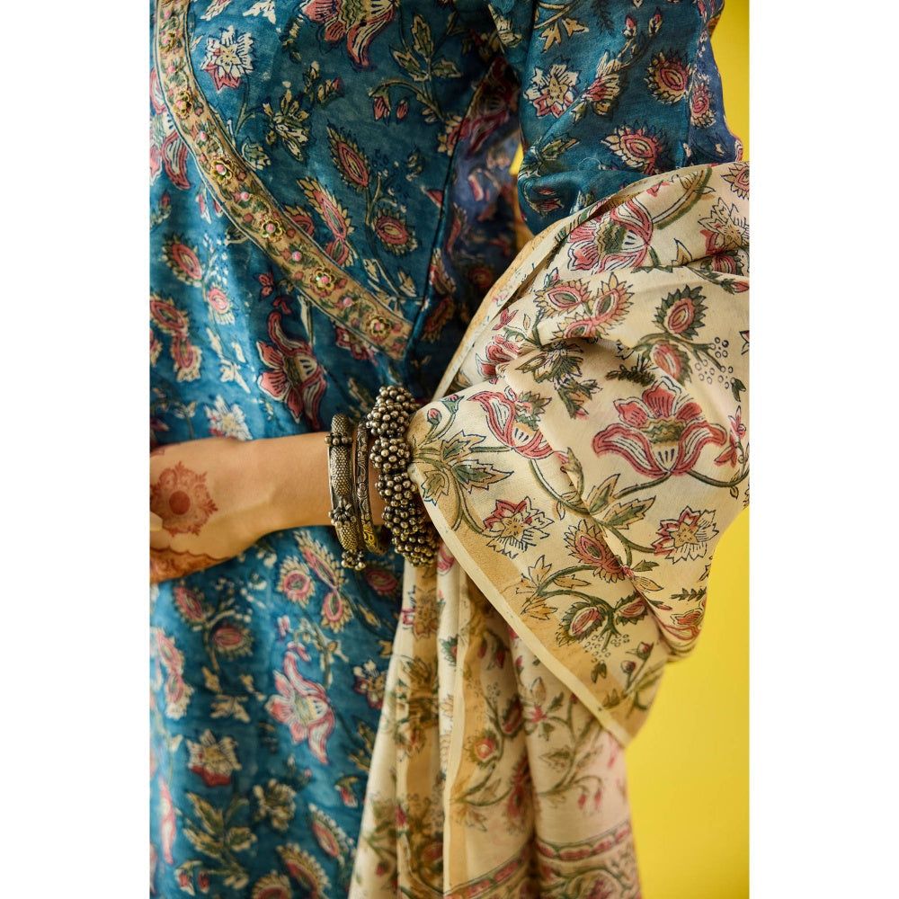 Old Marigold Roohani Blue Chanderi Hand Embroidered Kurta & Dupatta (Set of 3)