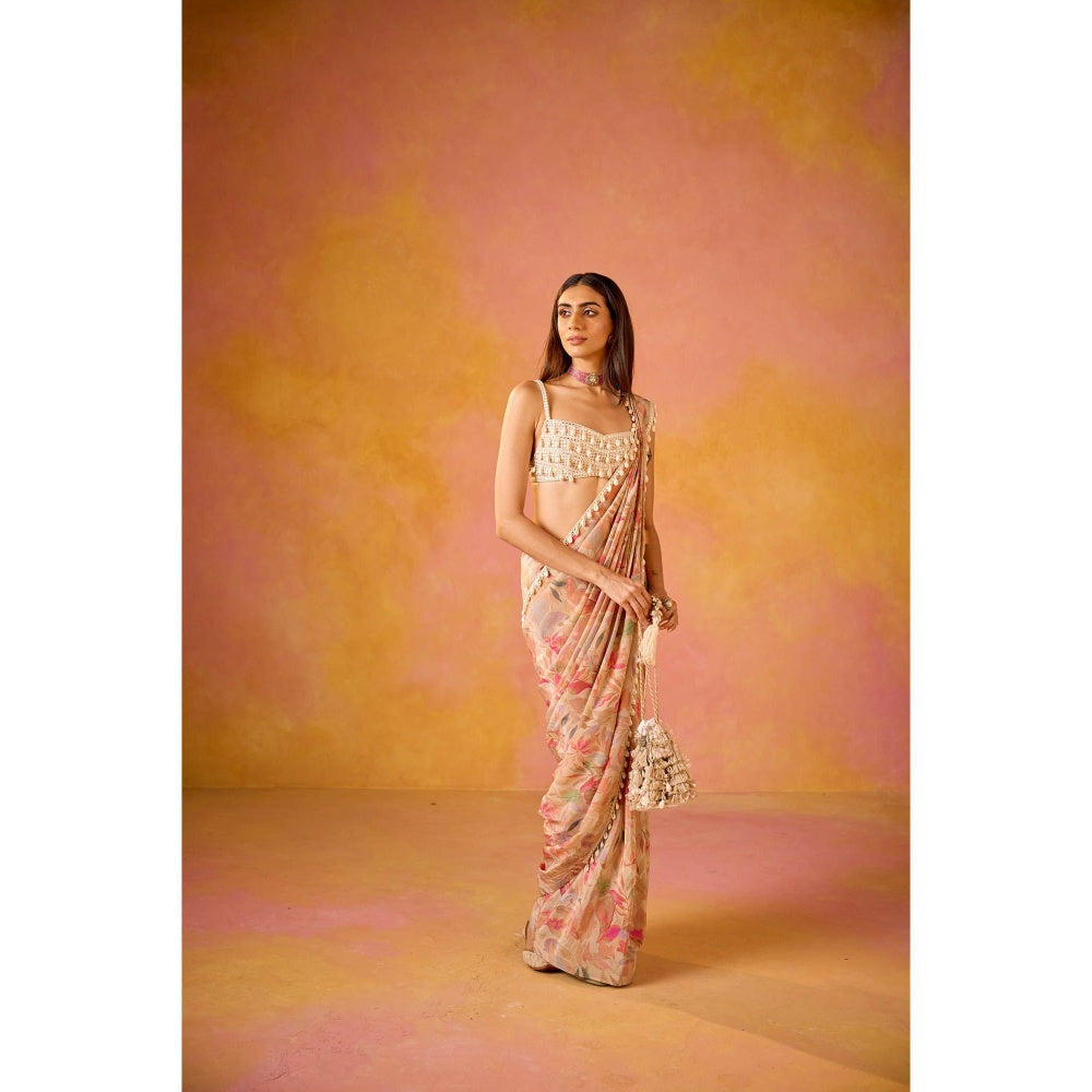 Old Marigold Leher Pink Crepe Saree with Stitched Blouse