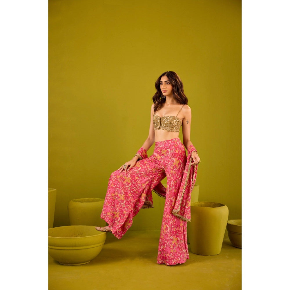 Old Marigold Mannat Pink Muslin Sharara with Gold Blouse and Dupatta (Set of 3)