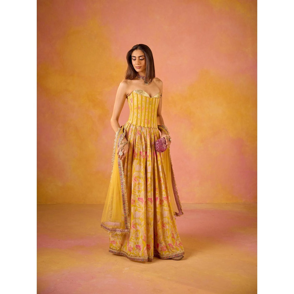 Old Marigold Anaya Yellow Sequined Corset and Muslin Lehenga with Dupatta (Set of 3)