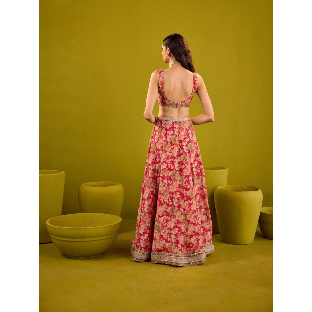 Old Marigold Red Scarlett Floral Printed Tissue Lehenga with Blouse and Dupatta (Set of 3)