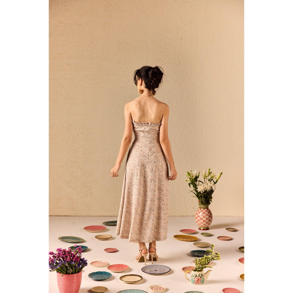Old Marigold Carina Beige Floral Tube Midi Dress