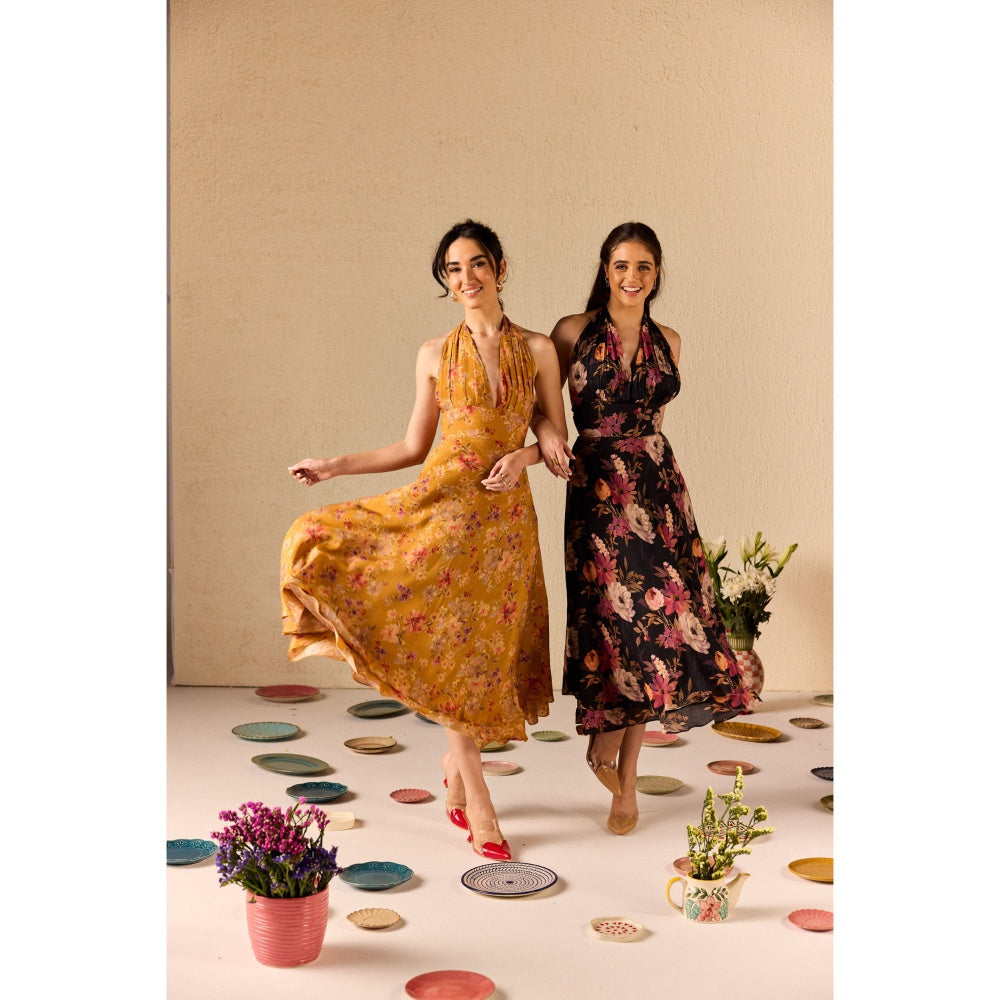 Old Marigold Fable Black Floral Halter neck Midi Dress