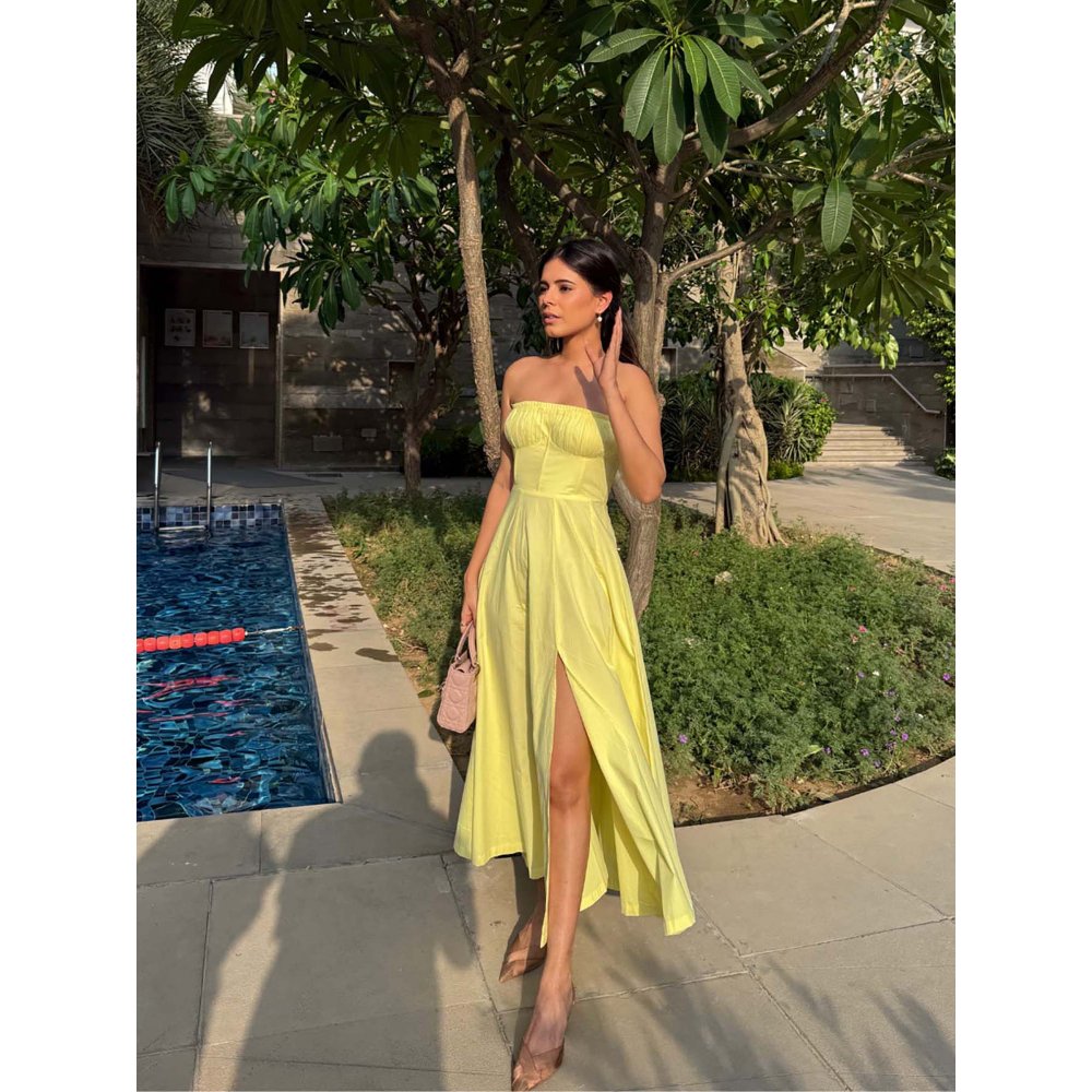 Old Marigold Sorrento Lemon Yellow Corset Tube Midi Dress