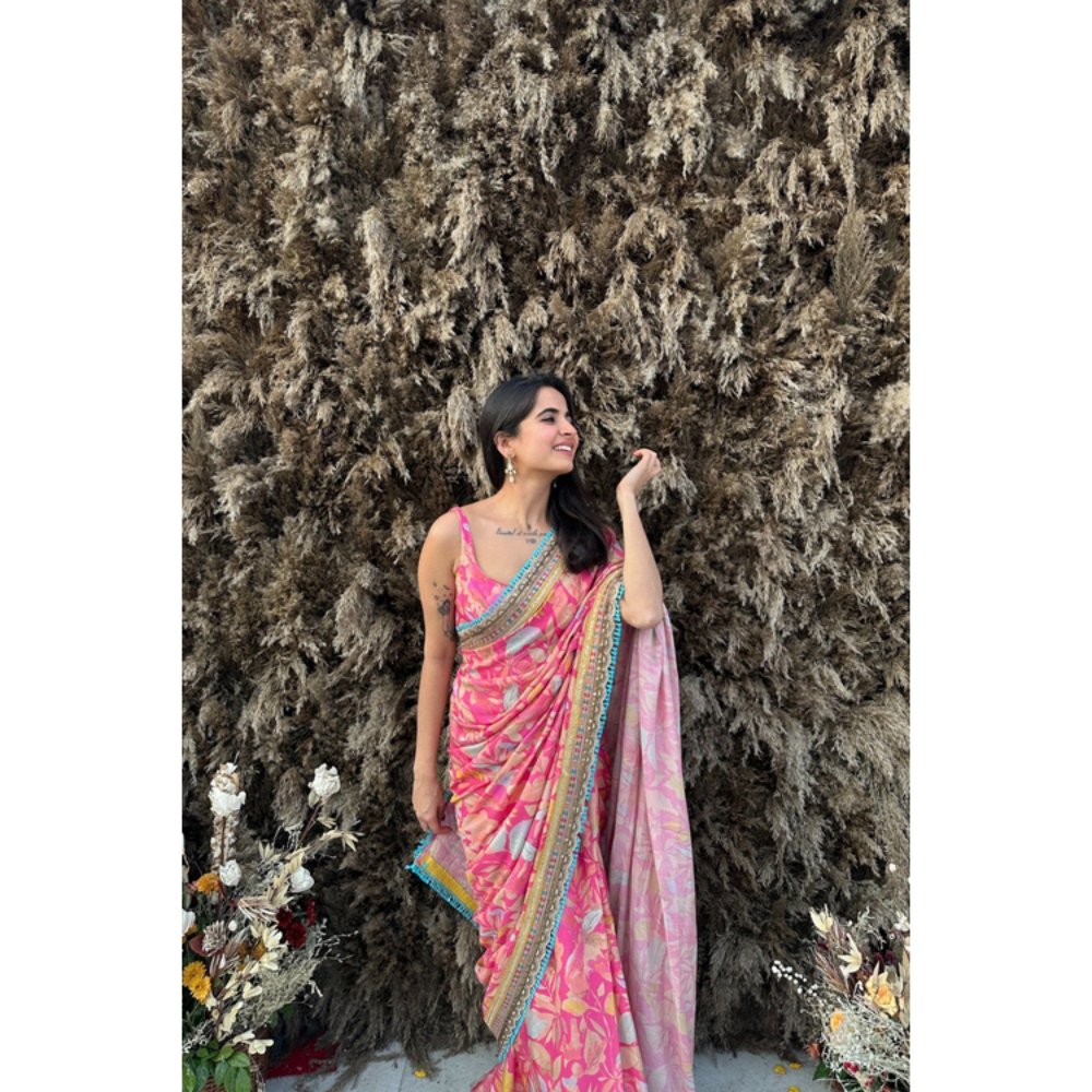 Old Marigold Aina Pink Muslin Printed Saree with Stitched Blouse