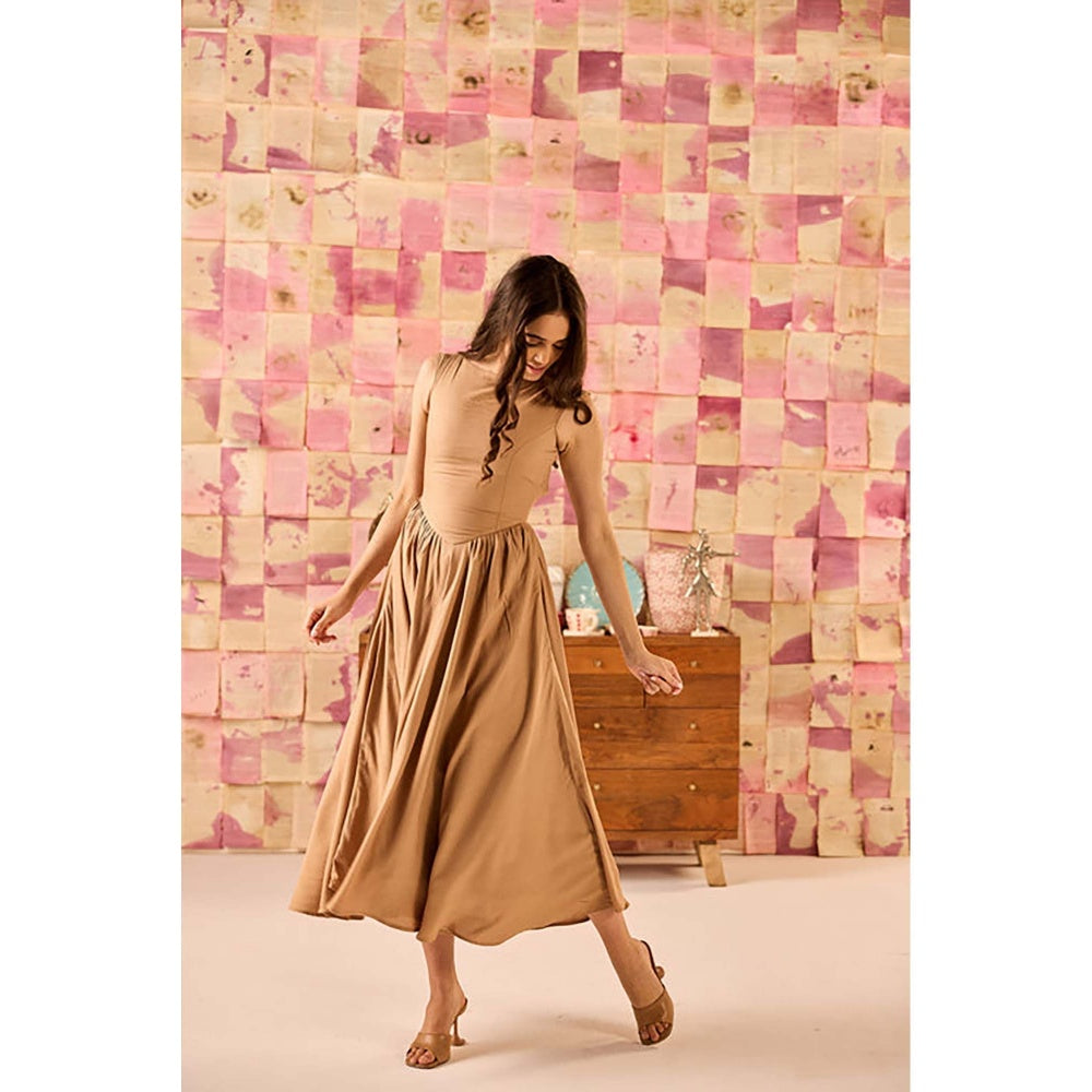 Old Marigold Elara Camel Brown Drop Waist Rayon Midi Dress