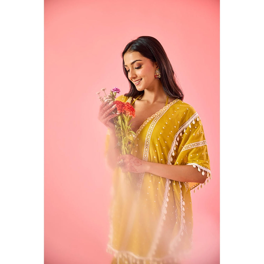 Old Marigold Yellow Embroidered V-Neck Kaftan with Blouse and Sharara