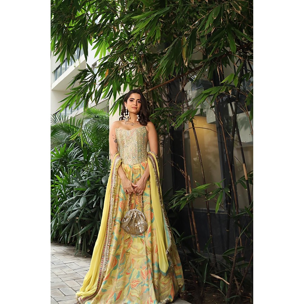 Old Marigold Amal Yellow Crepe Lehenga with Blouse and Dupatta