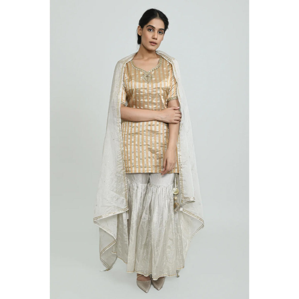 OMAANA Women Tissue Grey Kurta with Sharara and Dupatta