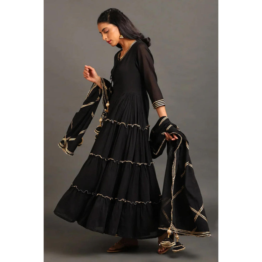 OMAANA Women Mulmul Black Kurta with Pant and Dupatta