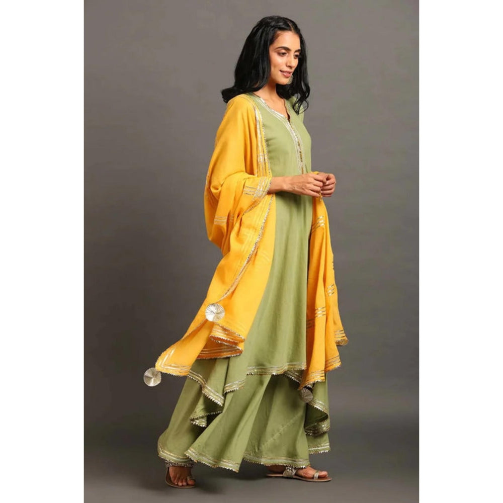 OMAANA Women Cotton Green Kurta with Sharara and Dupatta