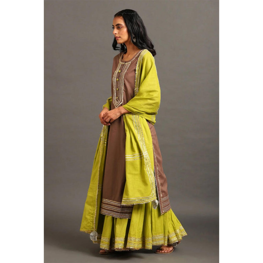 OMAANA Women Chanderi Green Kurta with Skirt and Dupatta