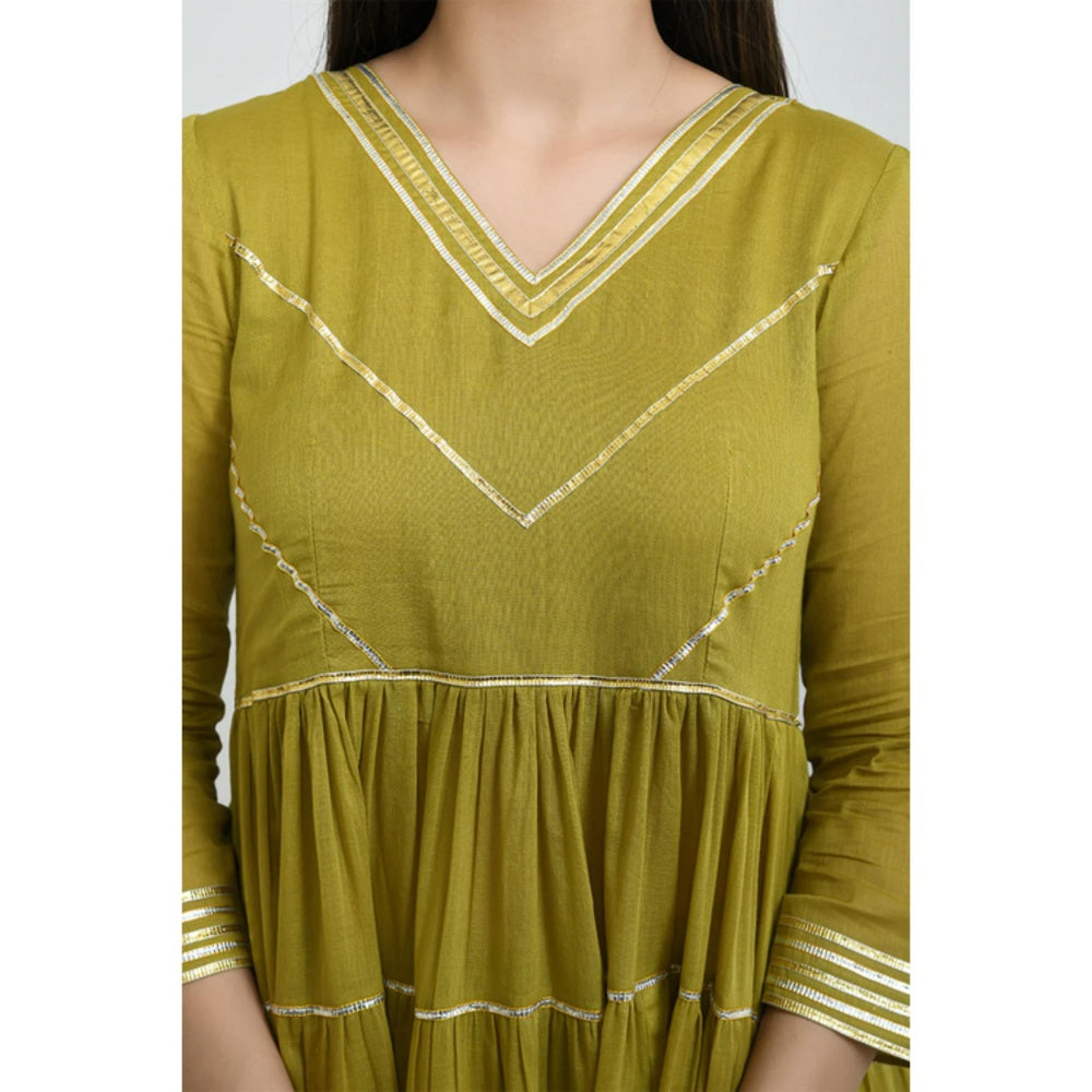 OMAANA Women Mulmul Green Kurta with Palazzo and Dupatta