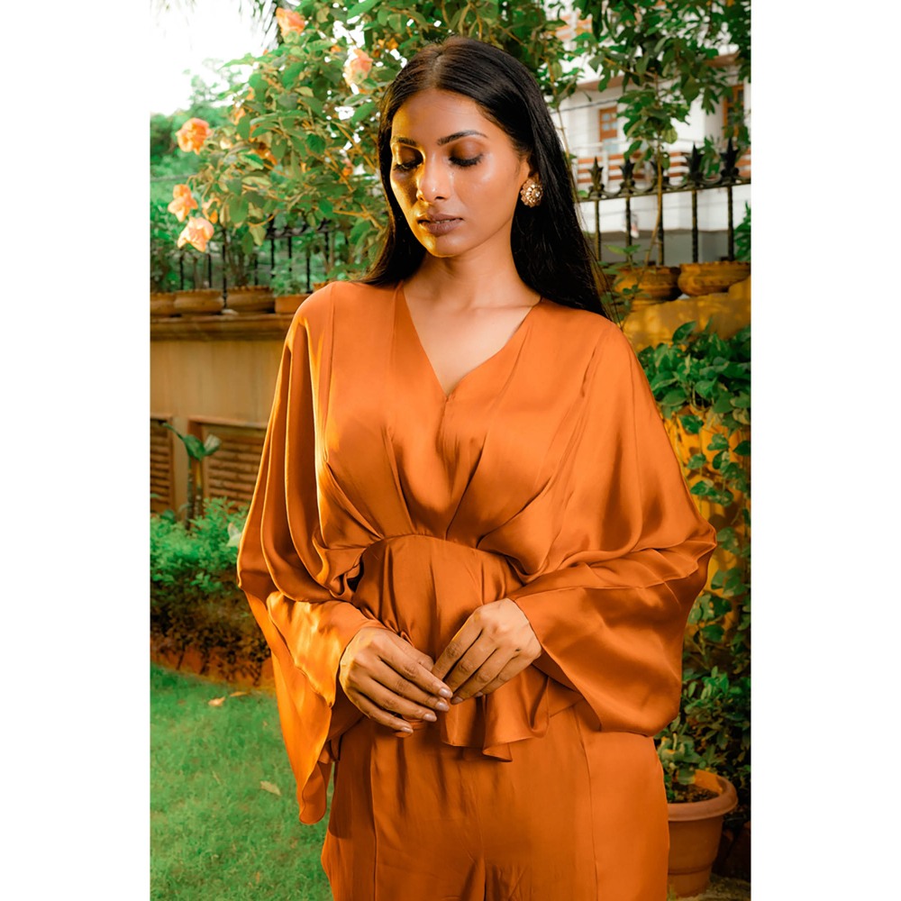 Omana by Ranjana Bothra Rust Orange Cowl Co-Ord (Set of 2)