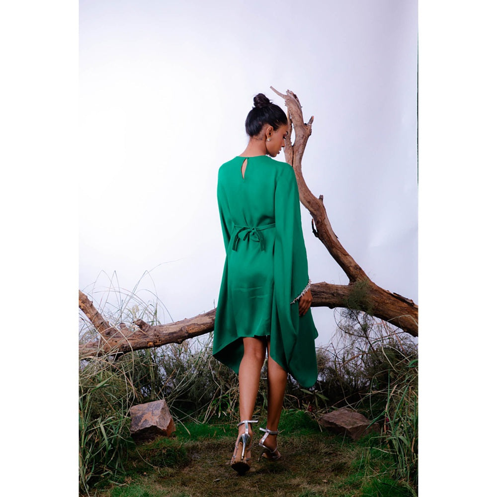 Omana by Ranjana Bothra Poppy Green Pearl Beaded Dress With Belt (Set of 2)