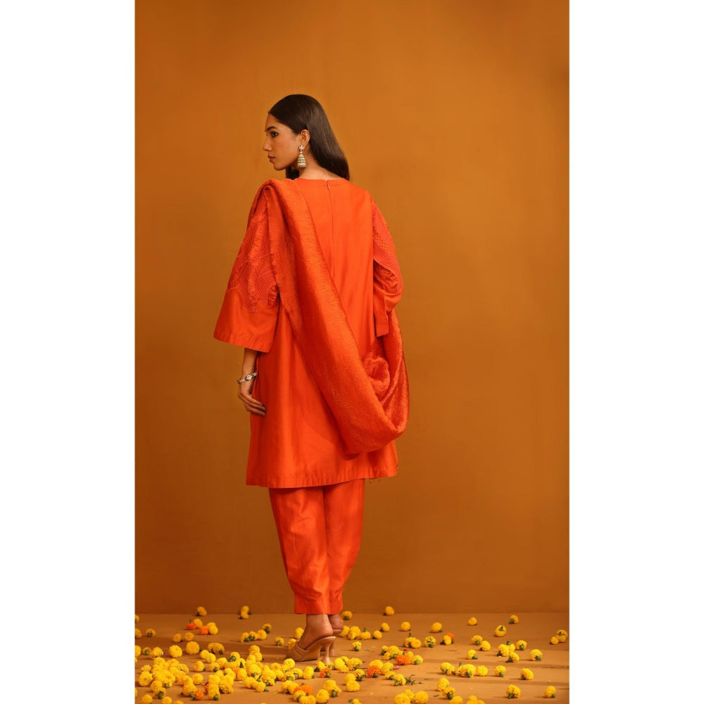 Omana by Ranjana Bothra Orange Huma Applique Kurta with Pant and Dupatta (Set of 3)