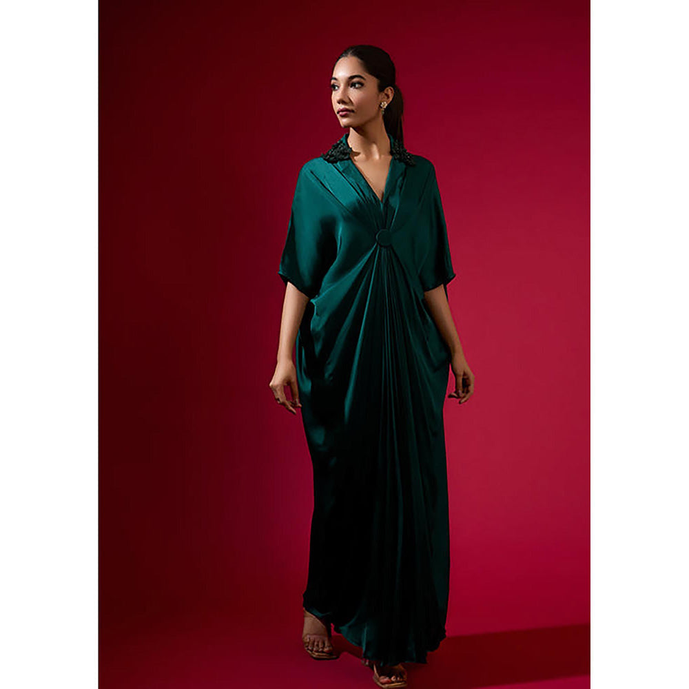 Omana by Ranjana Bothra 3D Rose Collar - Emerald Kaftan Dress