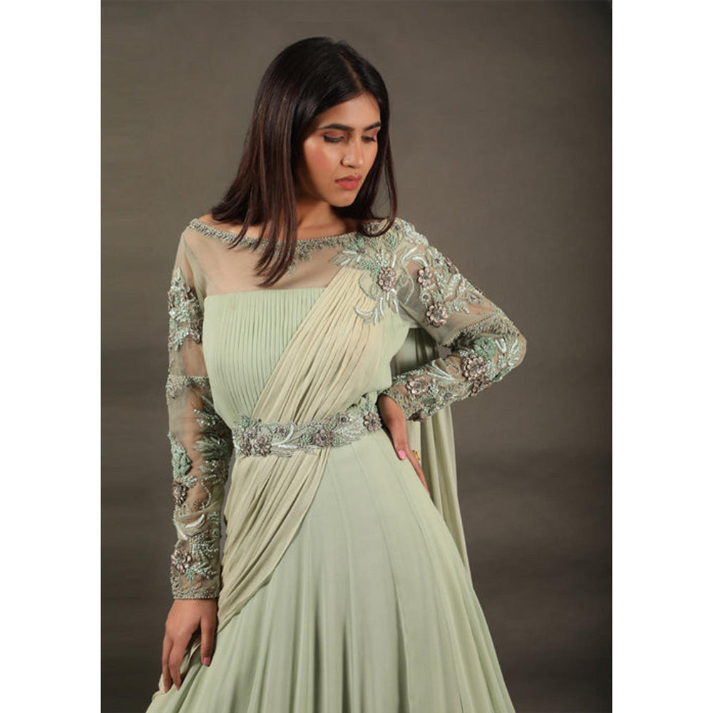 Omana by Ranjana Bothra Green Organza Solid/Plain Saree Lehenga with Belt