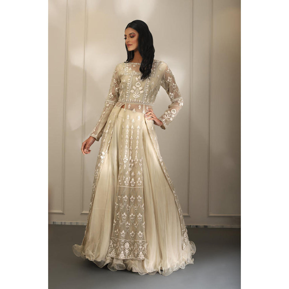 Omana by Ranjana Bothra Ivory Organza Embroidered Blouse with Lehenga and Jacket