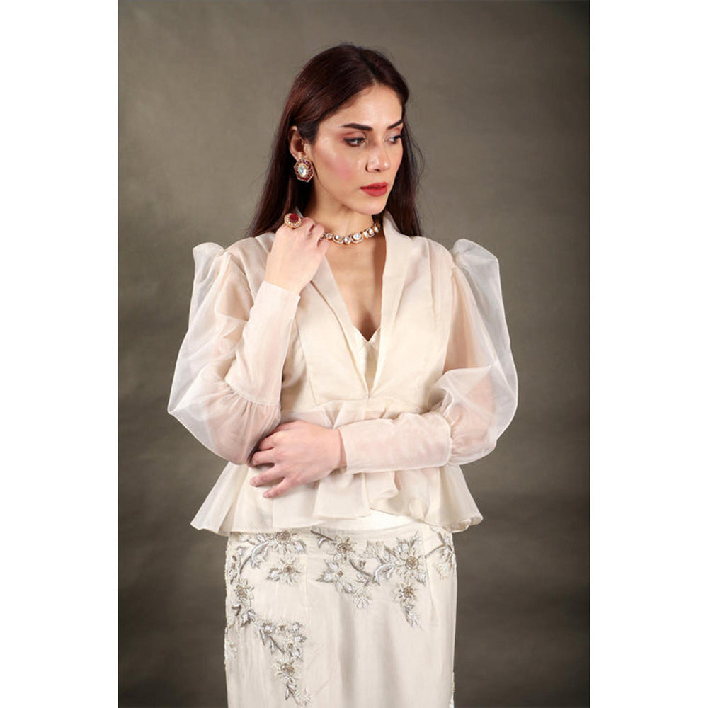 Omana by Ranjana Bothra Ivory Organza Embroidered Bustier with Skirt and Cape