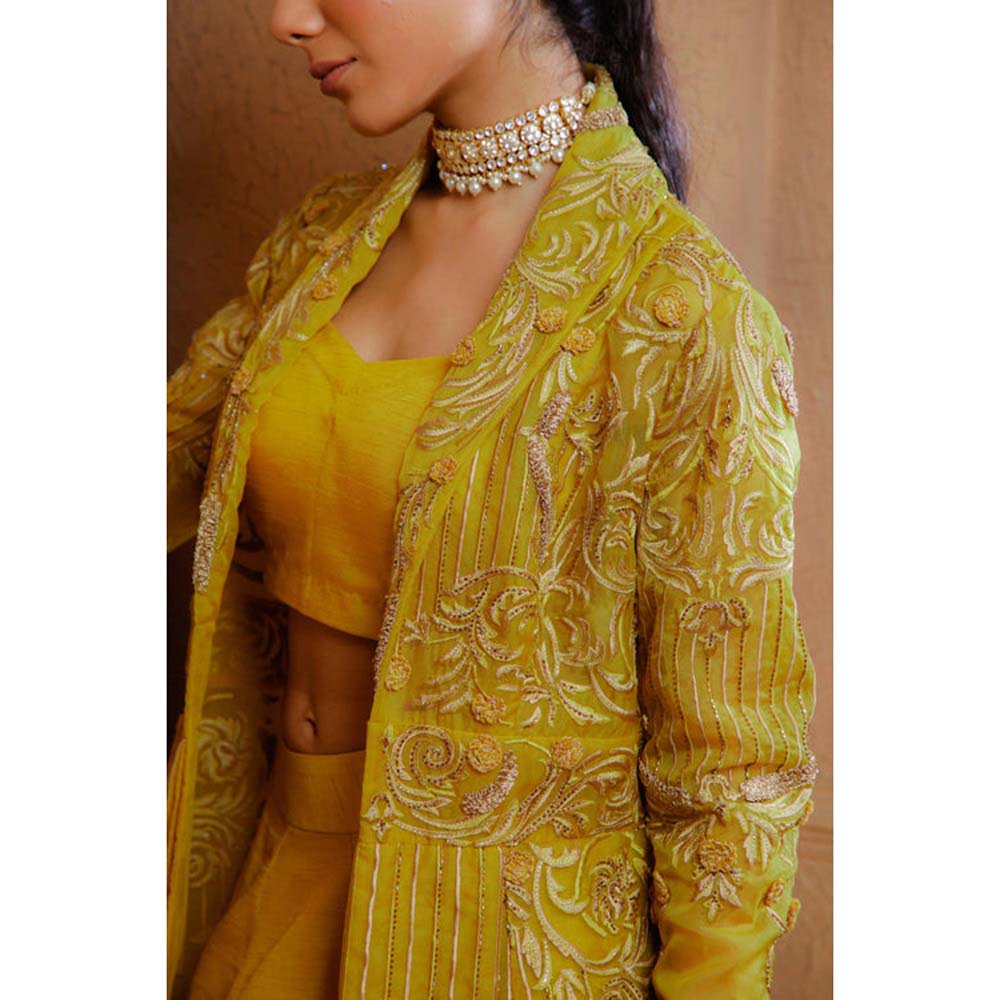 Omana by Ranjana Bothra Mustard Organza Embroidered Blouse with Lehenga and Jacket