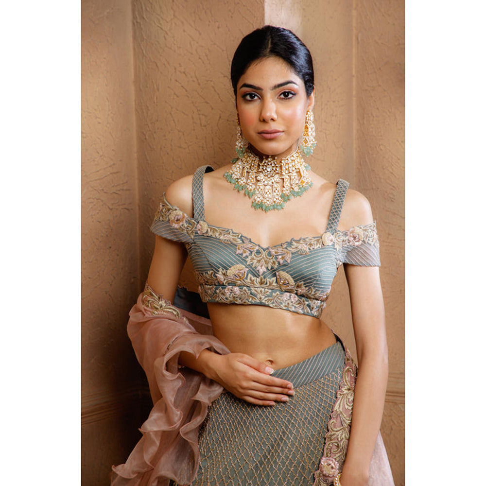 Omana by Ranjana Bothra Grey Organza Embroidered Blouse with Lehenga and Dupatta