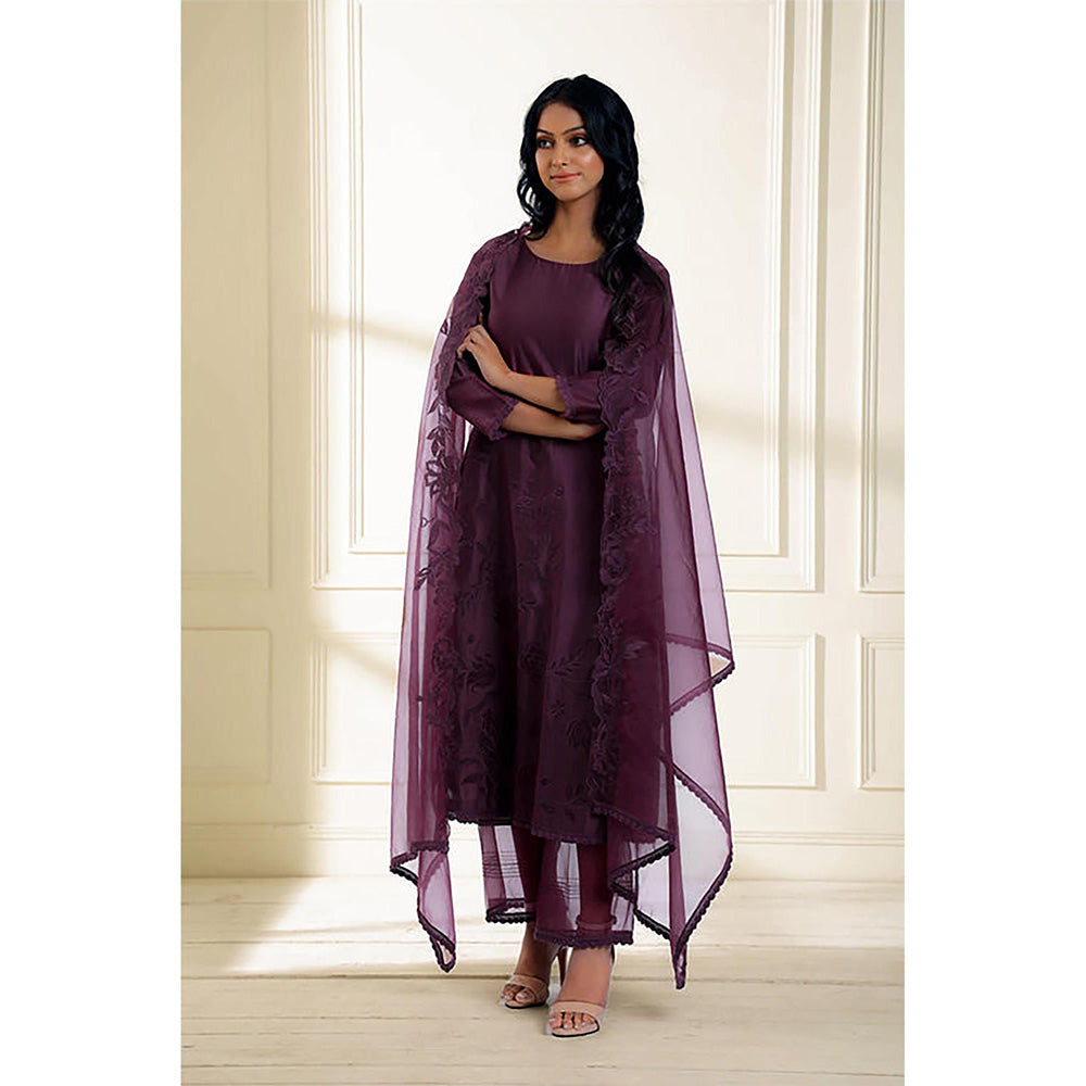 Omana by Ranjana Bothra Wine Embroidered Kurta With Pant And Dupatta