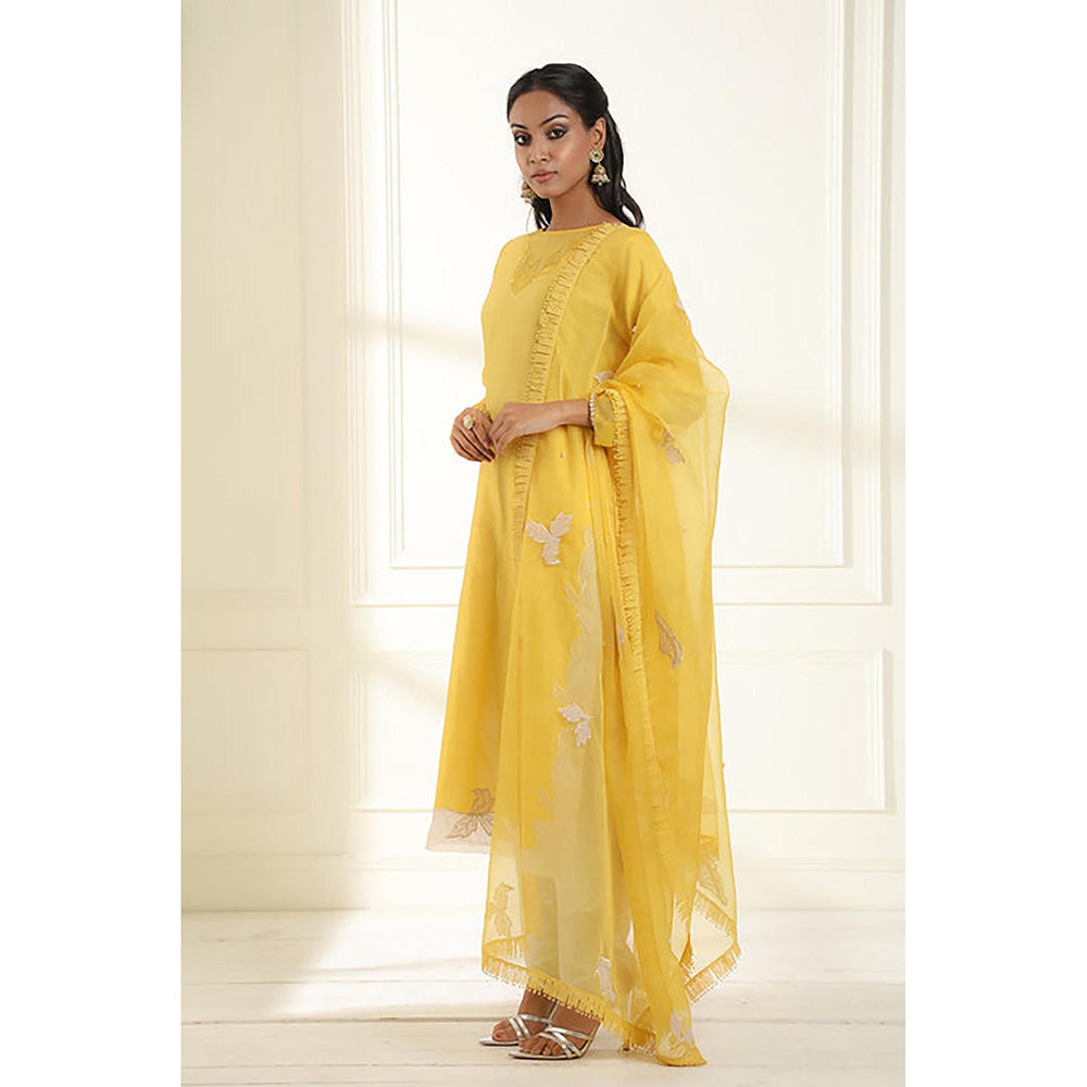 Omana by Ranjana Bothra Yellow Embroidered Boat Neck Kurta With Pant And Dupatta