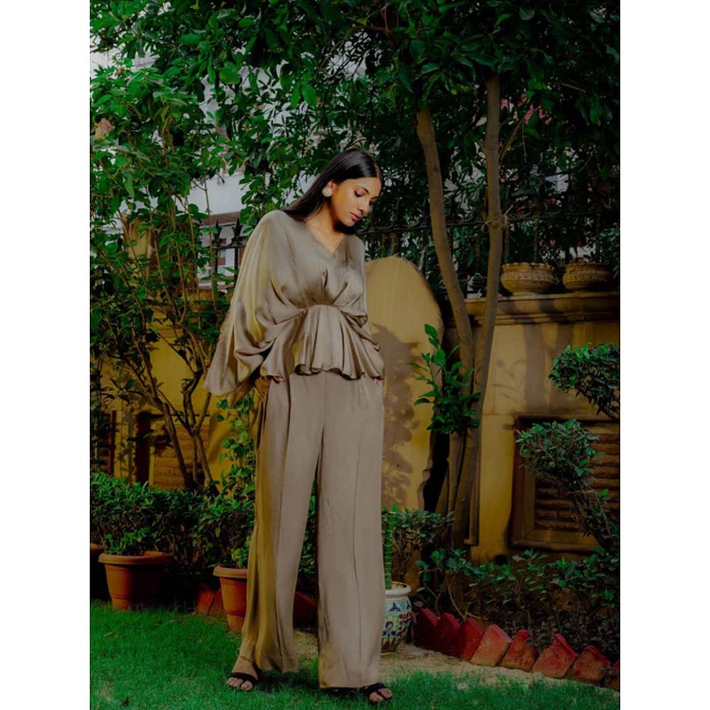 Omana by Ranjana Bothra Grey Satin V-Neck Co-Ord Set
