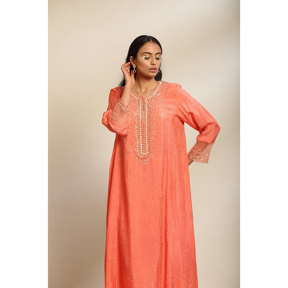 One Not Two Coral Viscose Silk Kurta & Pant with Sequins & Beads Yoke & Sleeve (Set of 2)