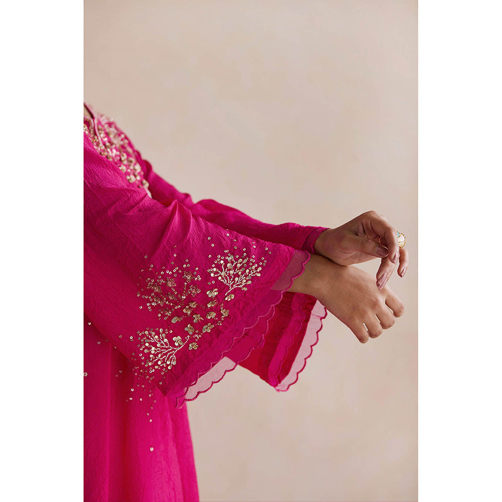 One Not Two Hot Pink Embroidered Kurta with Slip and Palazzo (Set of 3)