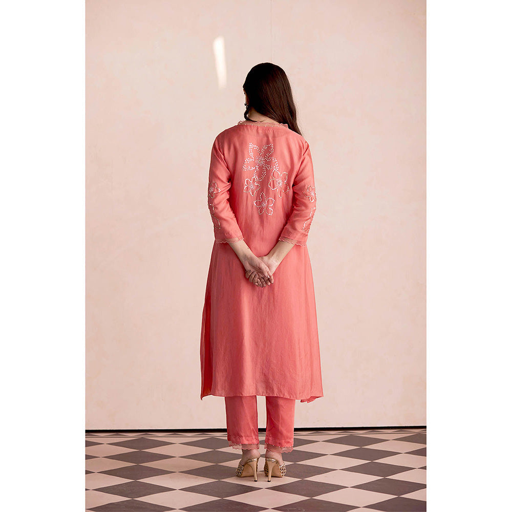 One Not Two Coral Kurta with Slip and Pant (Set of 3)