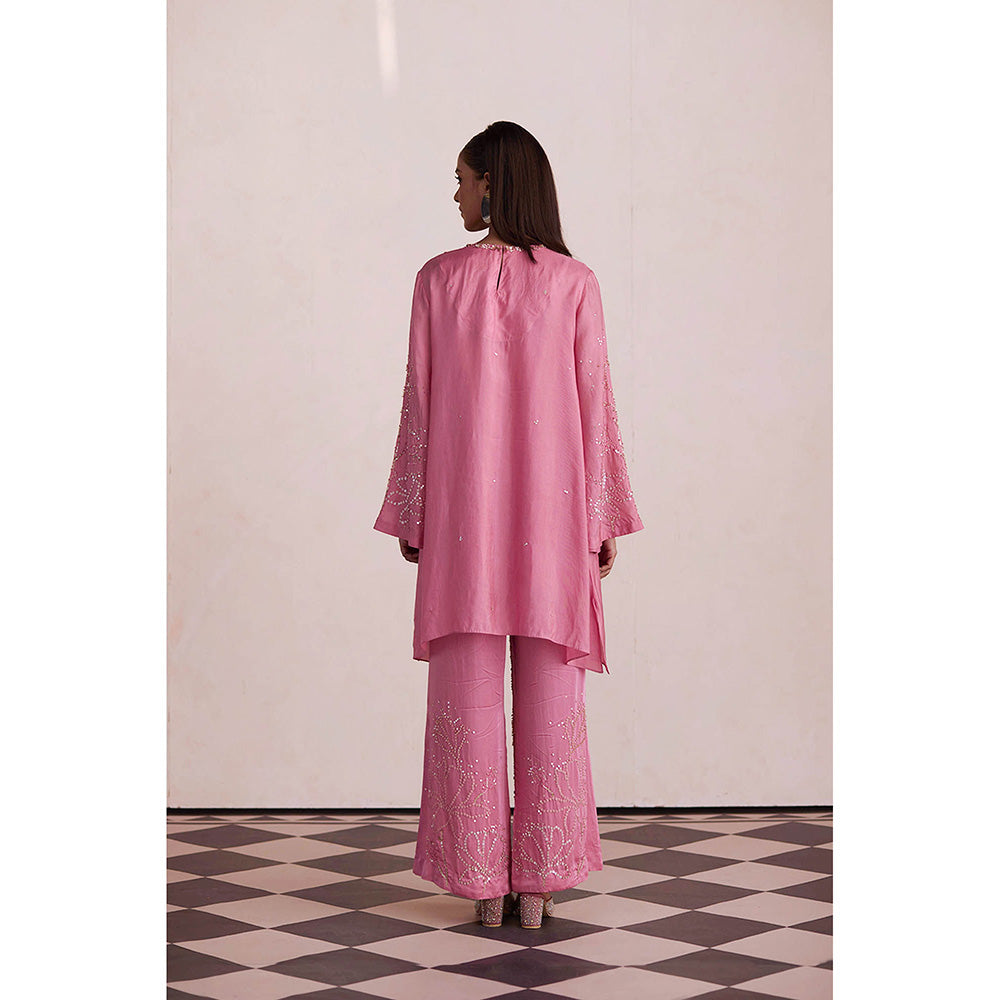 One Not Two Rose Pink Silk Kurti with Pant and Slip (Set of 3)