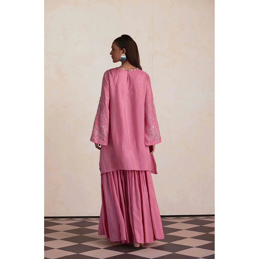 One Not Two Pink Silk Sharara with Kurti and Slip (Set of 3)