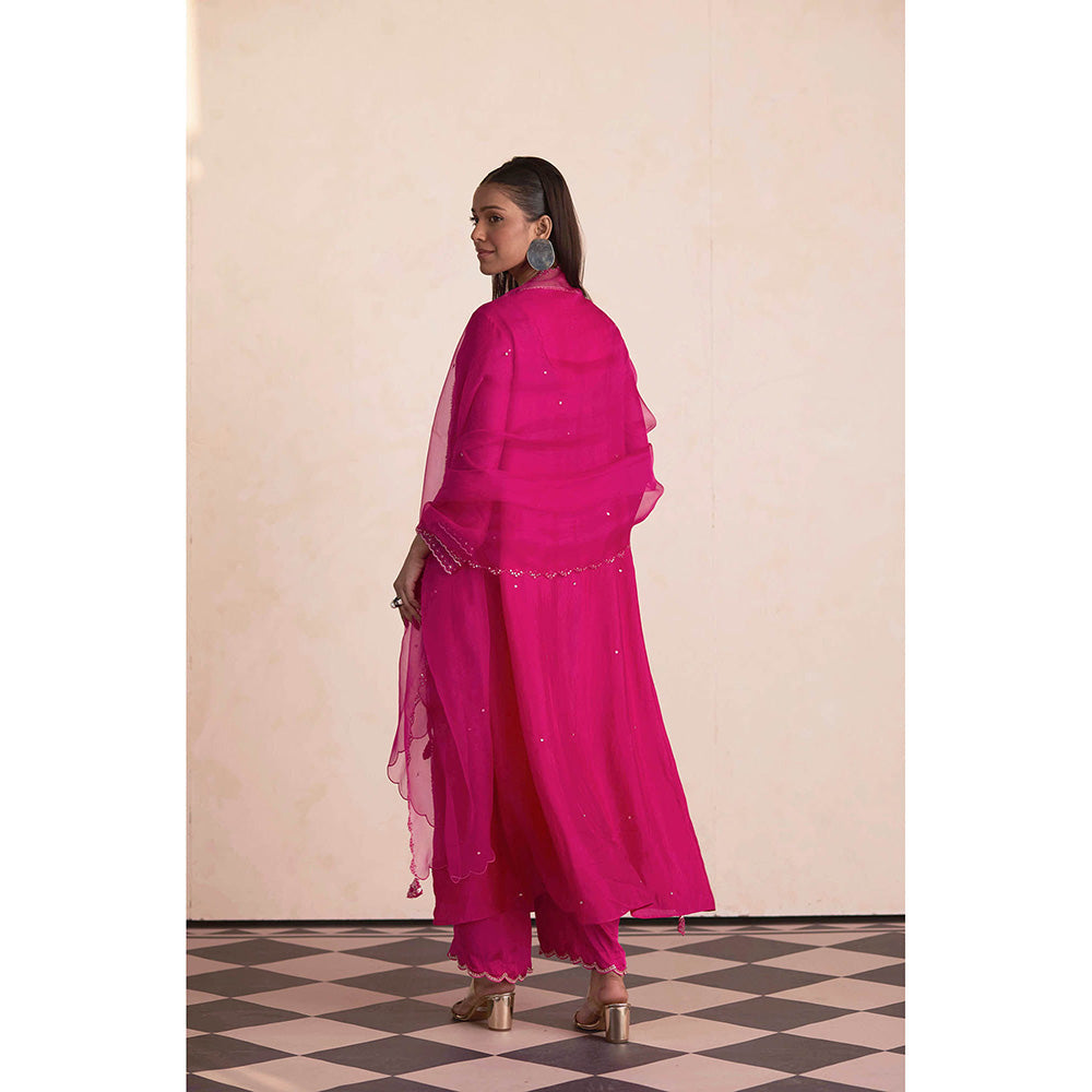 One Not Two Pink Silk Embroidered Anarkali with Pant and Slip (Set of 3)