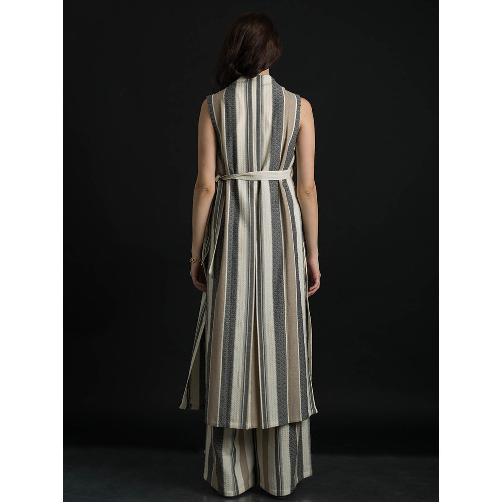 ORCR Parayan Stripes Sleeveless Beige Jacket with Pant (Set of 3)