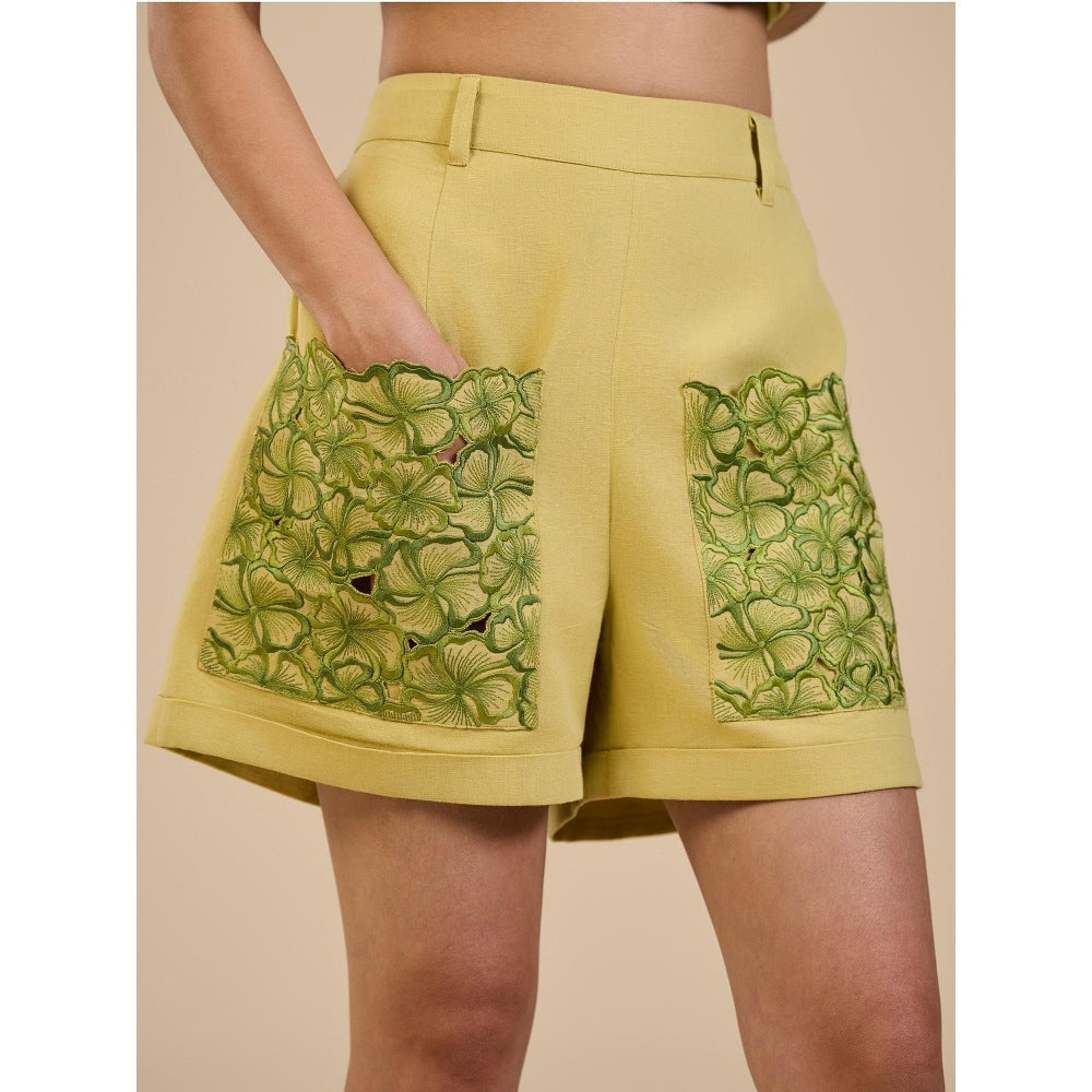 ORIGANI Lime Yellow Embroidered Shirt and Shorts (Set of 2)
