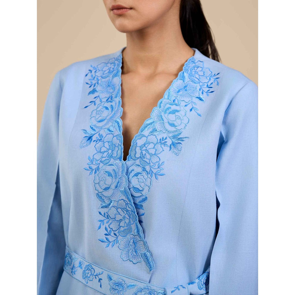 ORIGANI Blue Rose Embroidered Blazer with Belt (Set of 2)