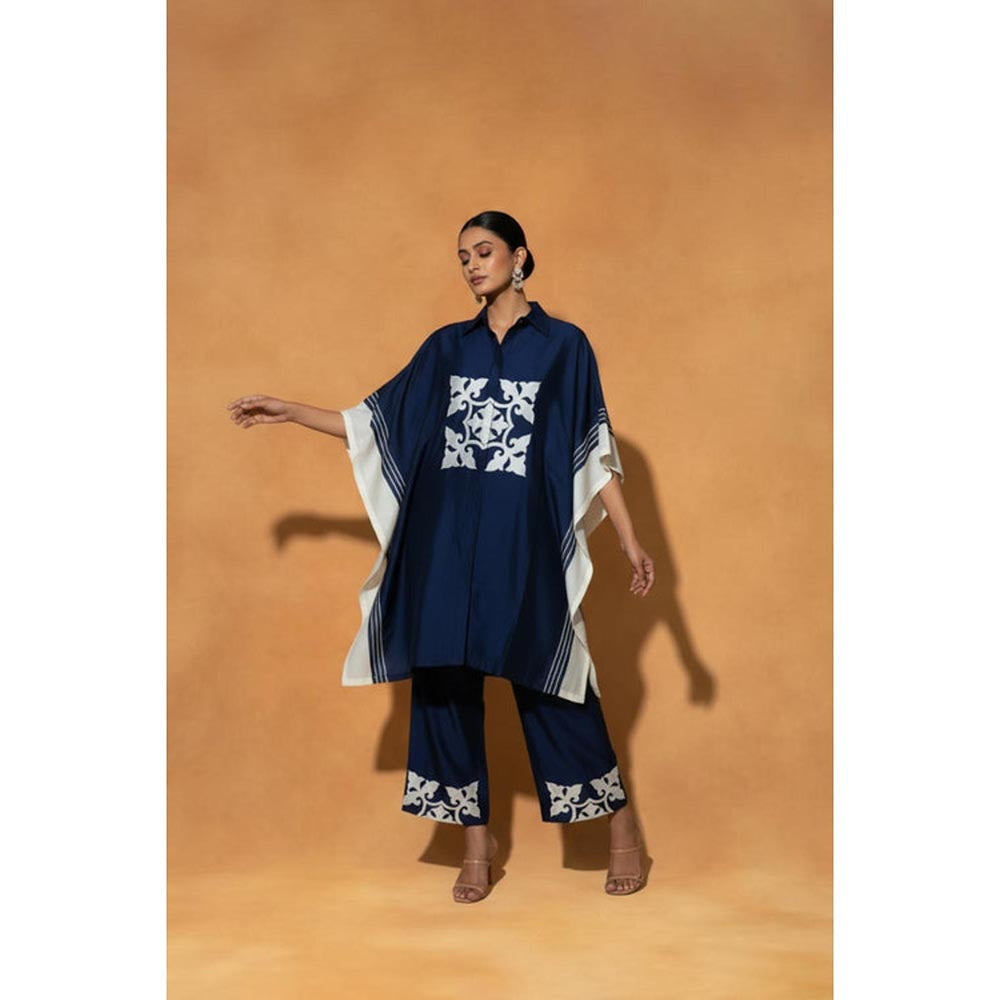 ORIGANI Navy Blue Chanderi Silk Collar Neck Printed Kaftan with Pant