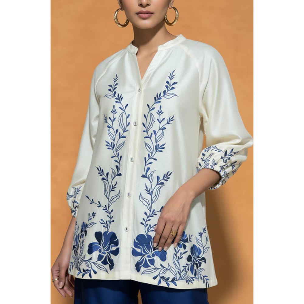 ORIGANI Multi-Color Chanderi Silk Mandarin Neck Embroidered Kurta with Palazzo
