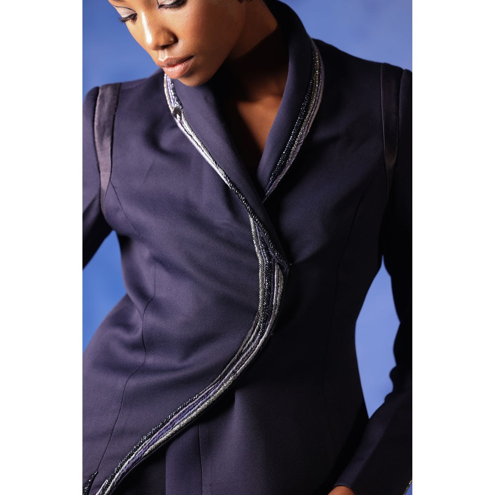 Orthodox Navy Blue Sumptuous Banana Crepe Long Blazer with S-Curve