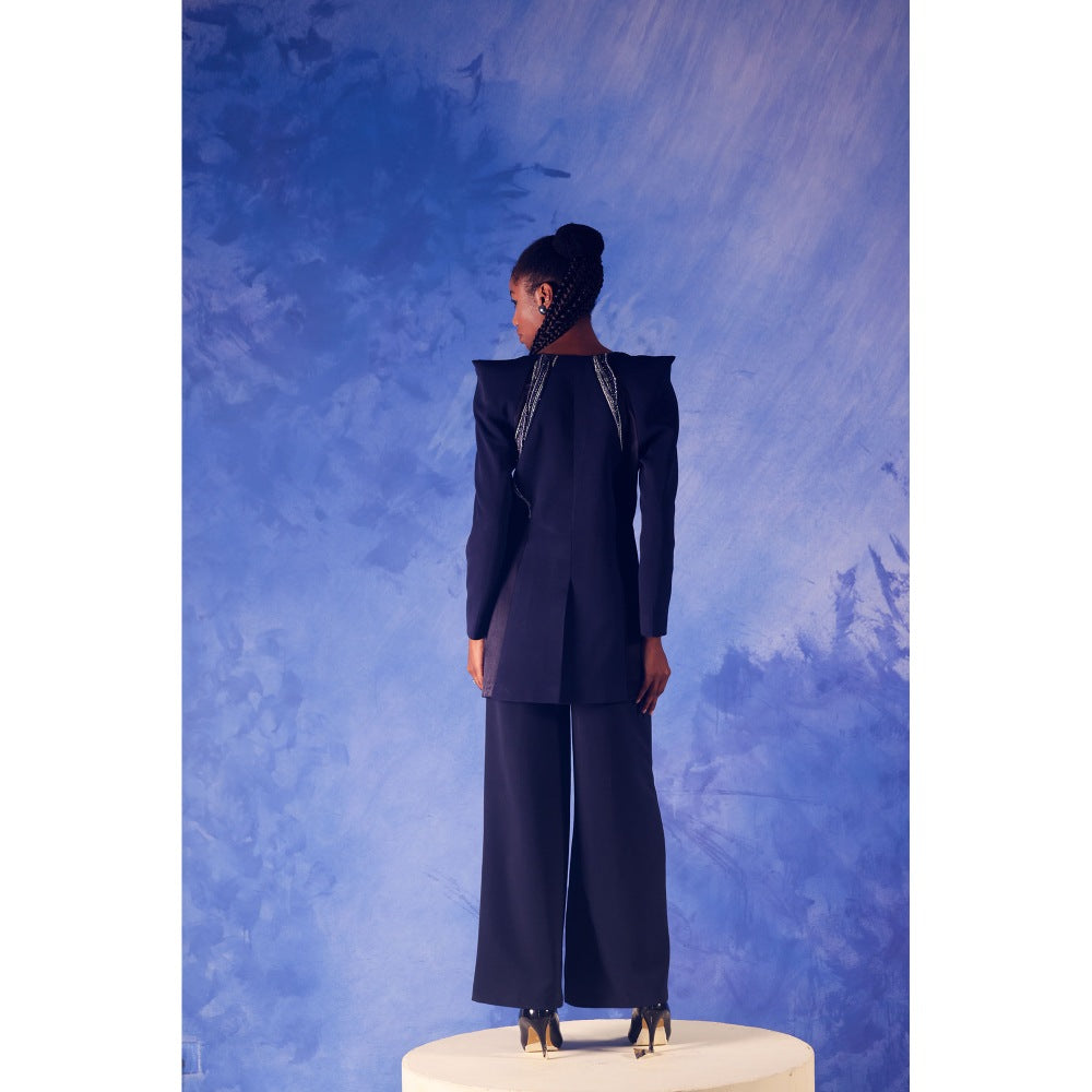 Orthodox Navy Blue Satin Silk Blazer with Aari & Mukesh Detailing